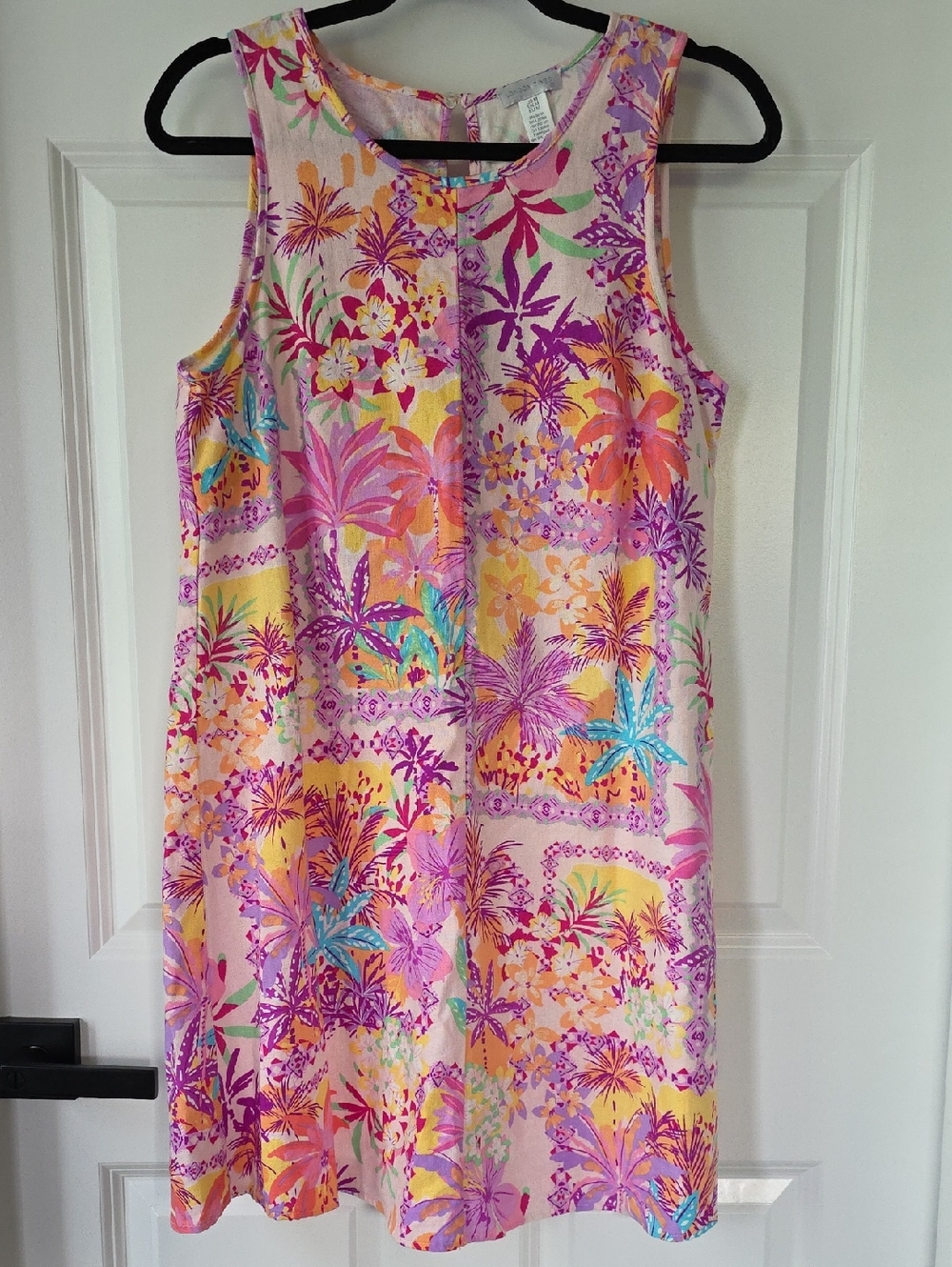 London Times Linen Blend Pink Tropical Print Sleeveless Shift Dress Size Medium